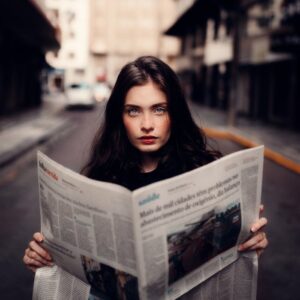 Portrait of a woman standing in an urban street holding a newspaper.