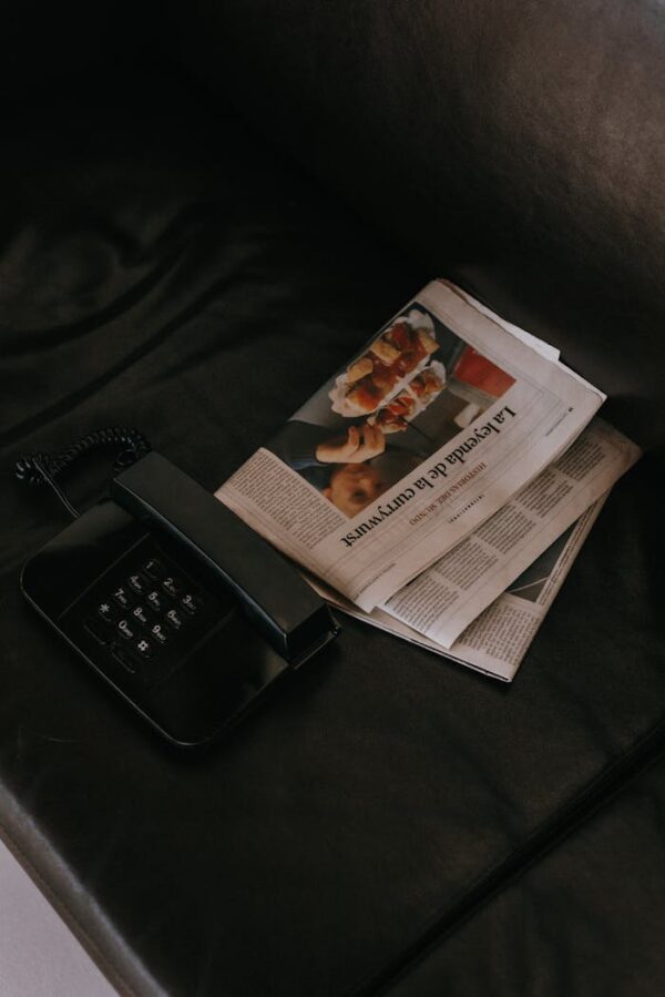 A vintage black telephone and newspaper on a dark leather sofa, conveying a sense of nostalgia.