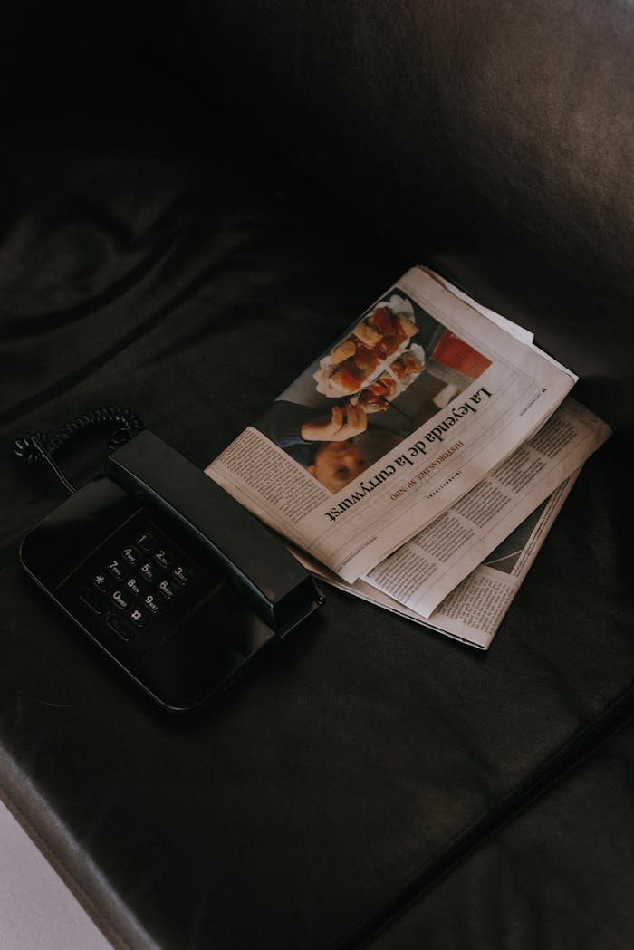 A vintage black telephone and newspaper on a dark leather sofa, conveying a sense of nostalgia.